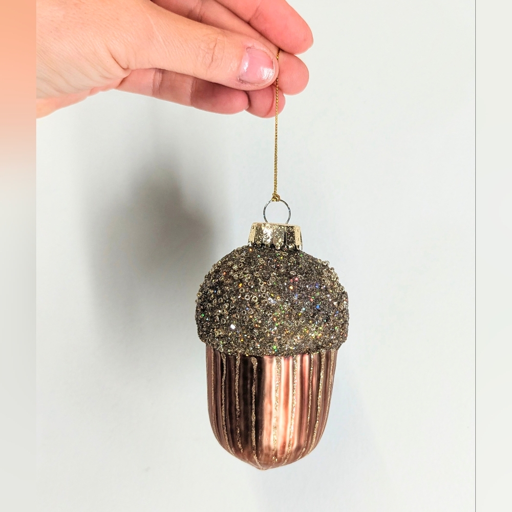 Beaded Elegant Brown and Gold Acorn Christmas Ornament Glass Metallic